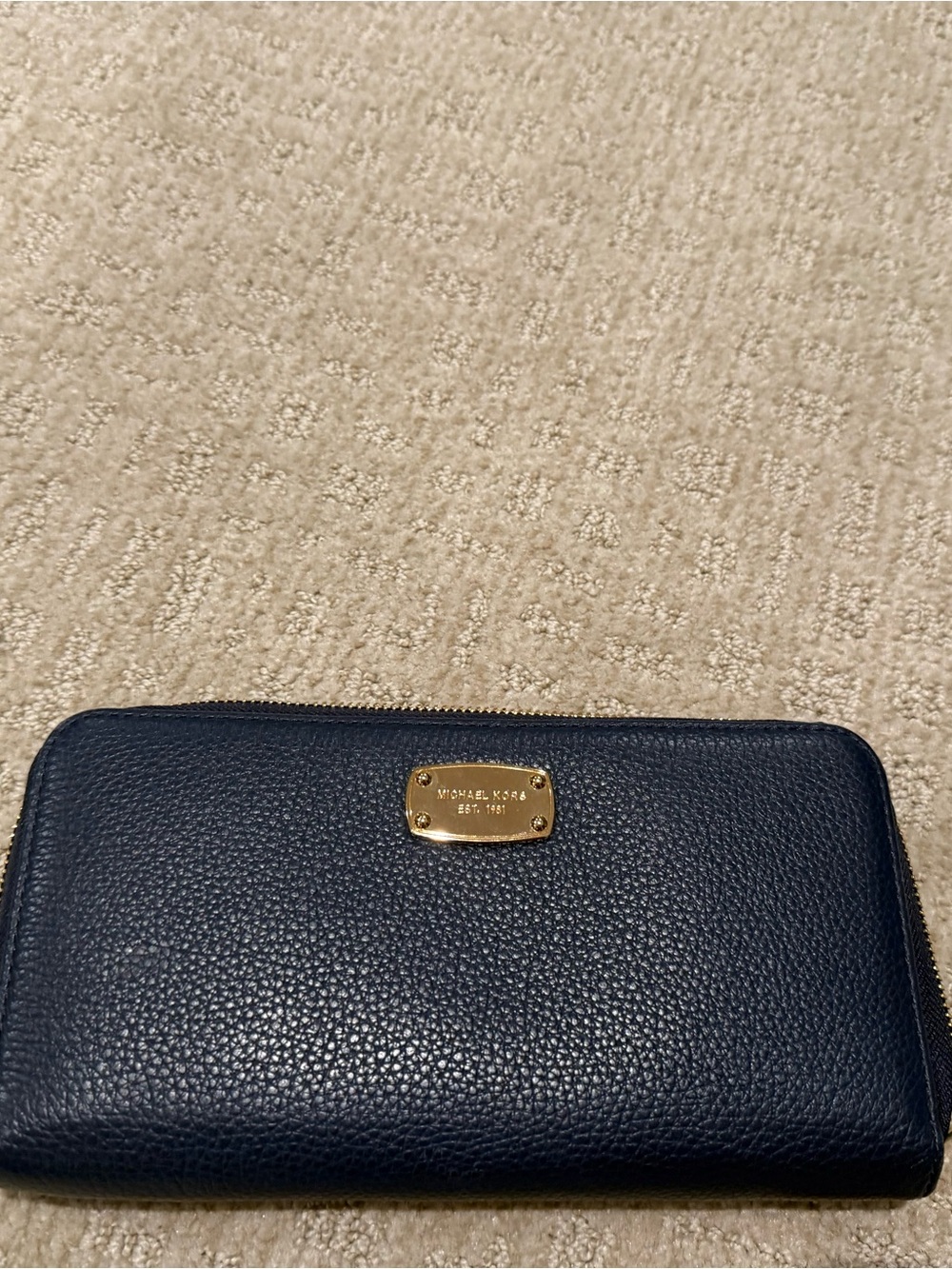 Michael Kors Navy Pebbled Leather Zip-Around Wallet with Gold Plaque